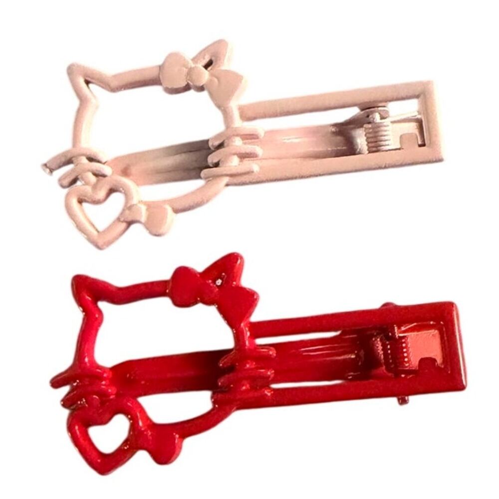 Hello Kitty Red Pastel Pink Metal Bow Heart Hair Clips Kawaii Cutecore Kidcore